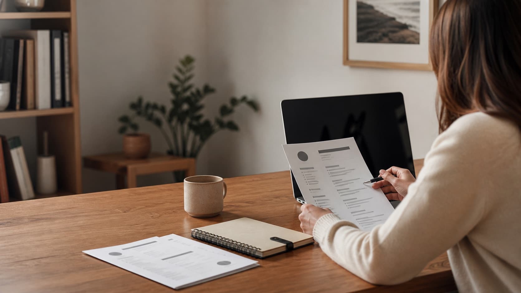 A focused job seeker preparing application documents at a desk.