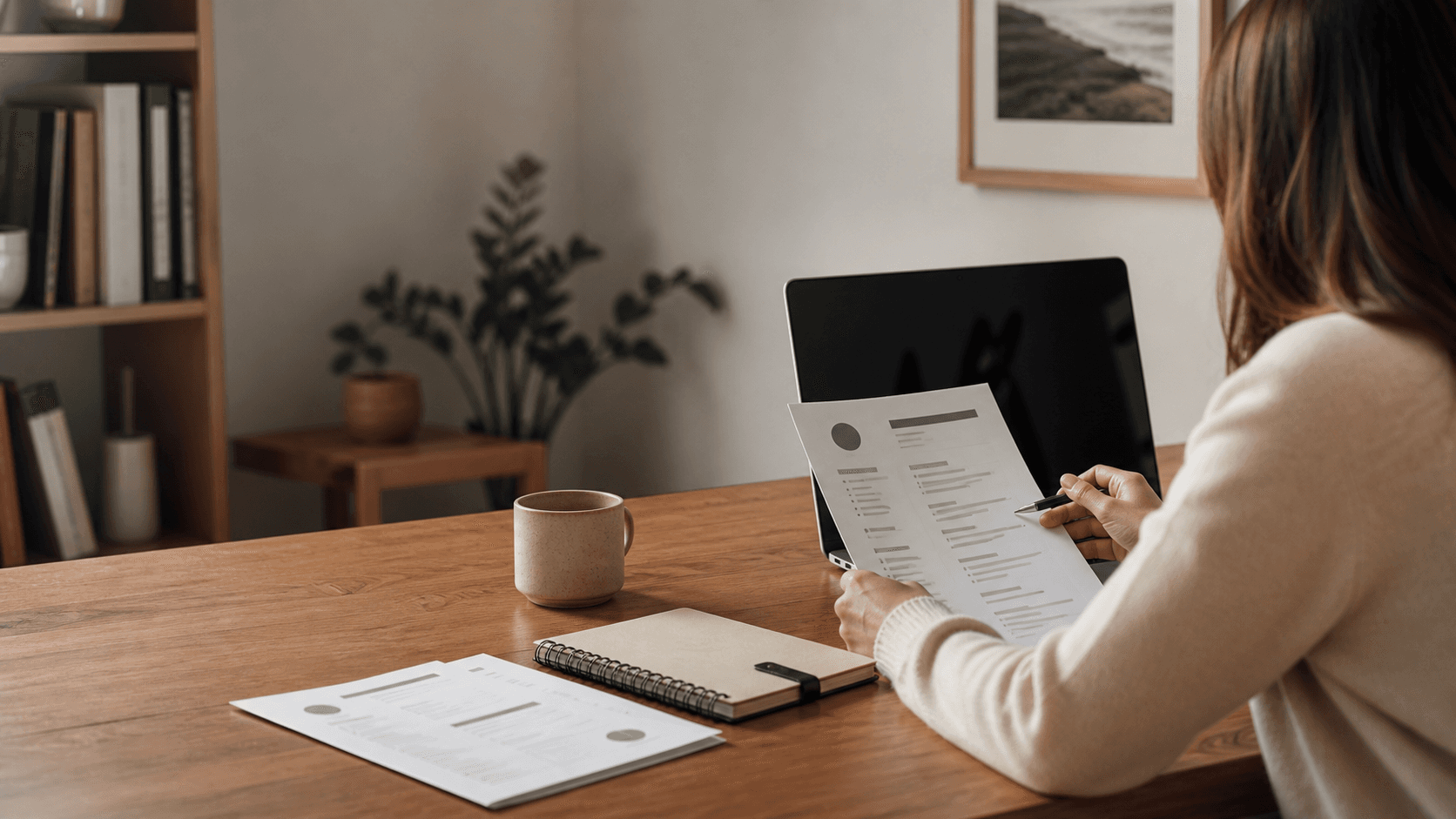 A focused job seeker preparing application documents at a desk.